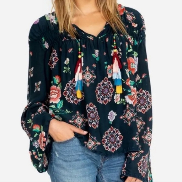 Johnny Was Tops - Johnny Was Harley Floral Boho Chic Long Sleeve Top Colorful Tassels Sz XS